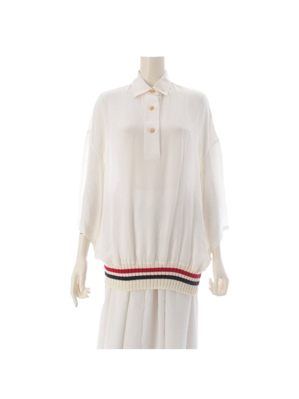 Loewe Silk Acrylic Wool Anagram Knit Paneled Line Blouse Shirt Top White Sweater